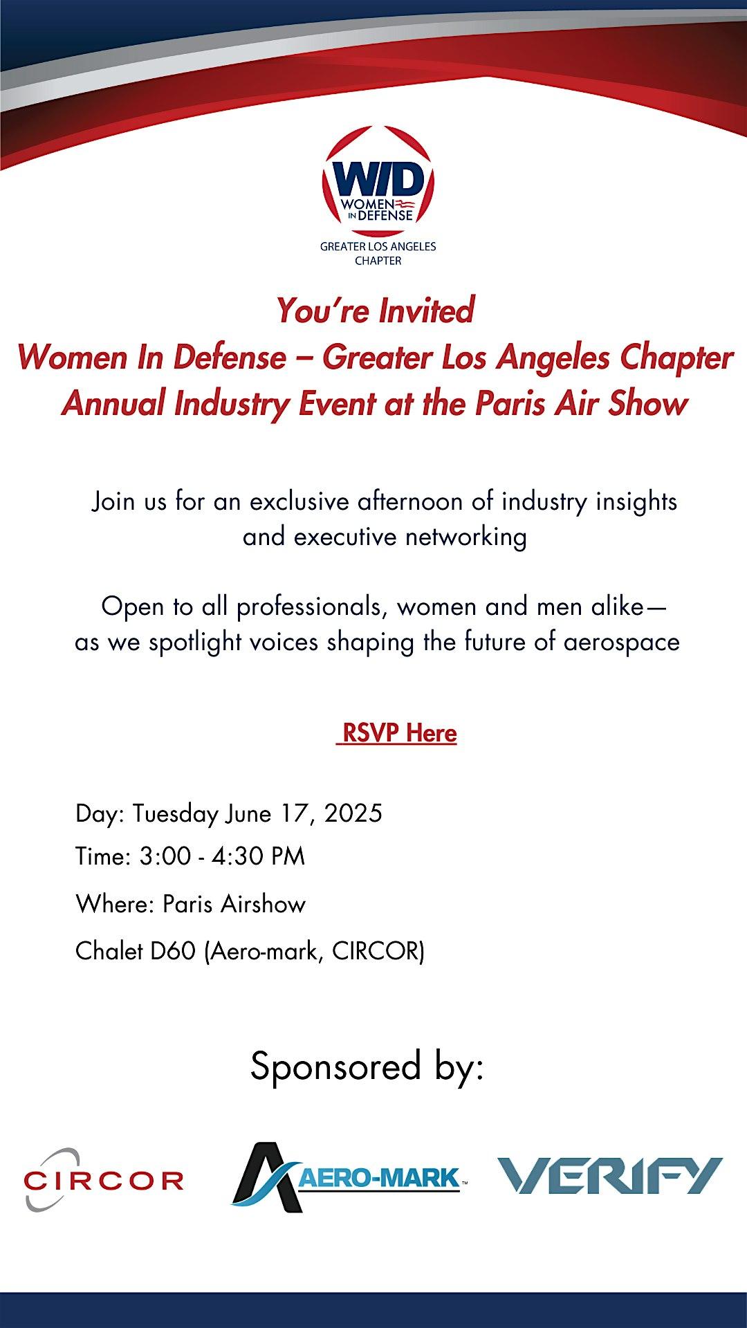 WID Greater Los Angeles Chapter Annual Industry Event at the Paris Air Show: Tuesday, June 17, 2025 from 3 p.m. to 4:30 p.m.